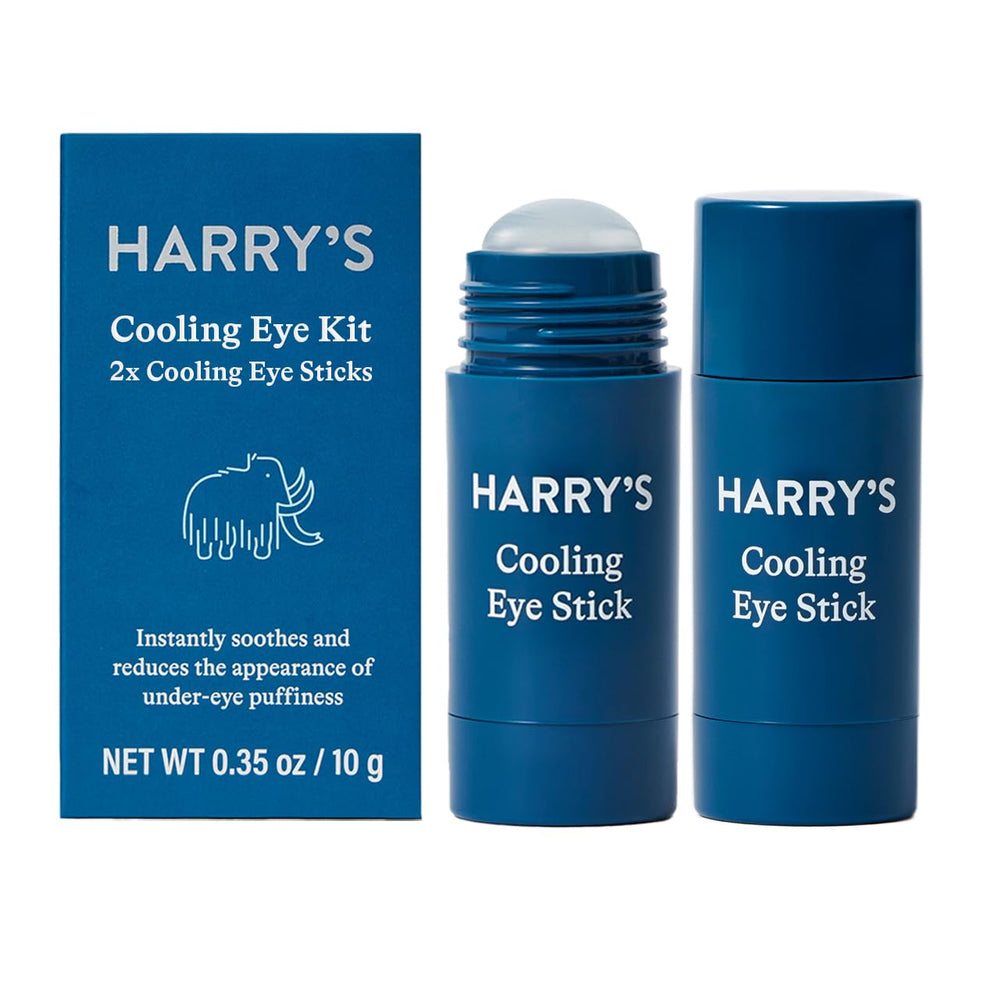 Harry's cooling eye stick front packaging showing two refill tubes for easy replacement and convenience