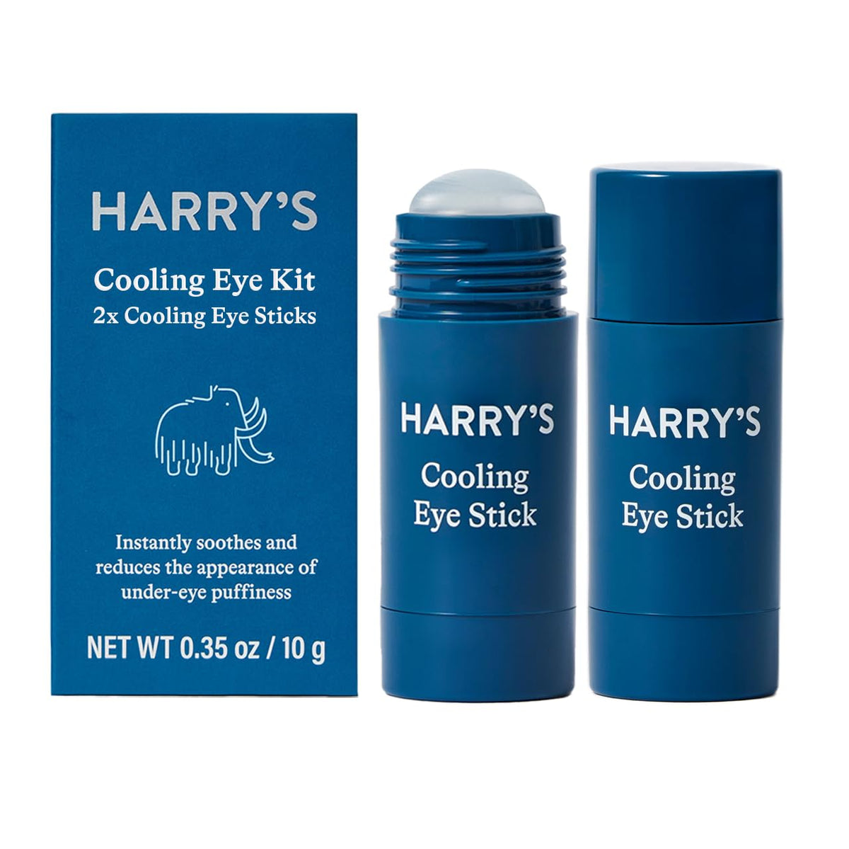 Harry's cooling eye stick front packaging showing two refill tubes for easy replacement and convenience