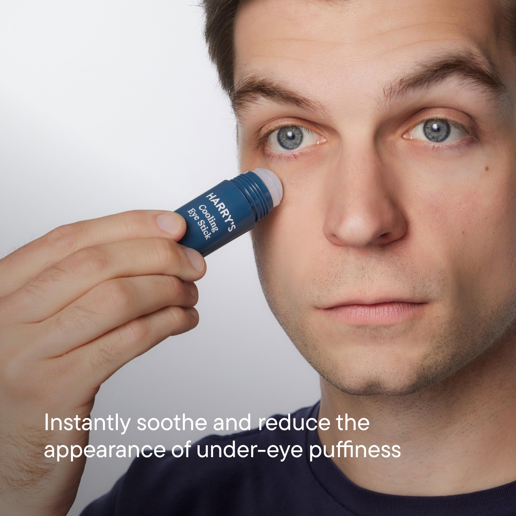Harry's cooling eye stick ingredients label highlighting seawater, caffeine, and aloe vera benefits
