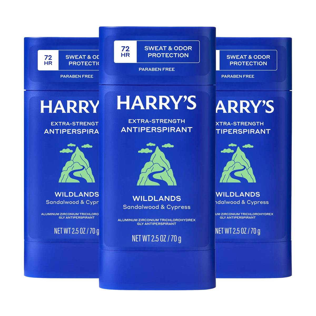 Harry's front-packaging showing three 2.5 oz sticks and product benefits