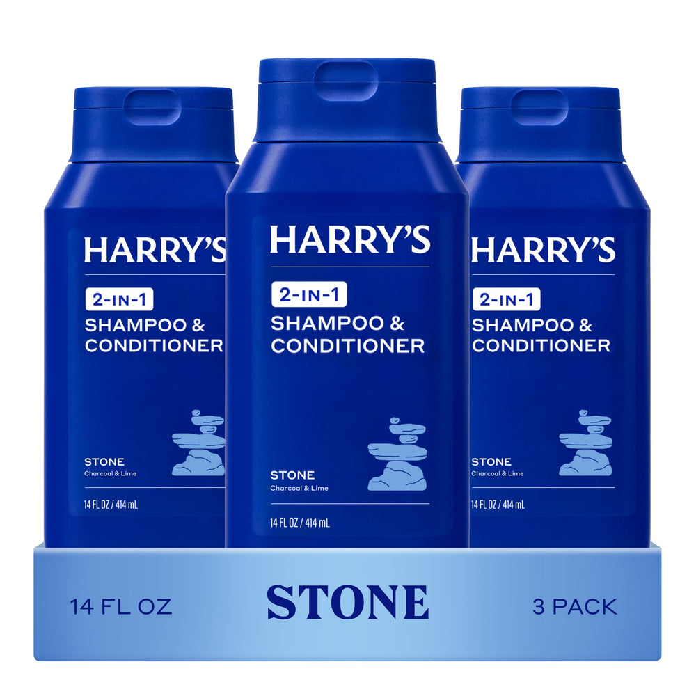 Harry's front packaging showing 14 fl oz bottle and Stone scent benefit simplicity