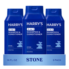 Harry's front packaging showing 14 fl oz bottle and Stone scent benefit simplicity