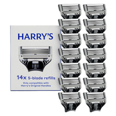 Harry's front packaging showing 14 refill cartridges and brand clarity benefit