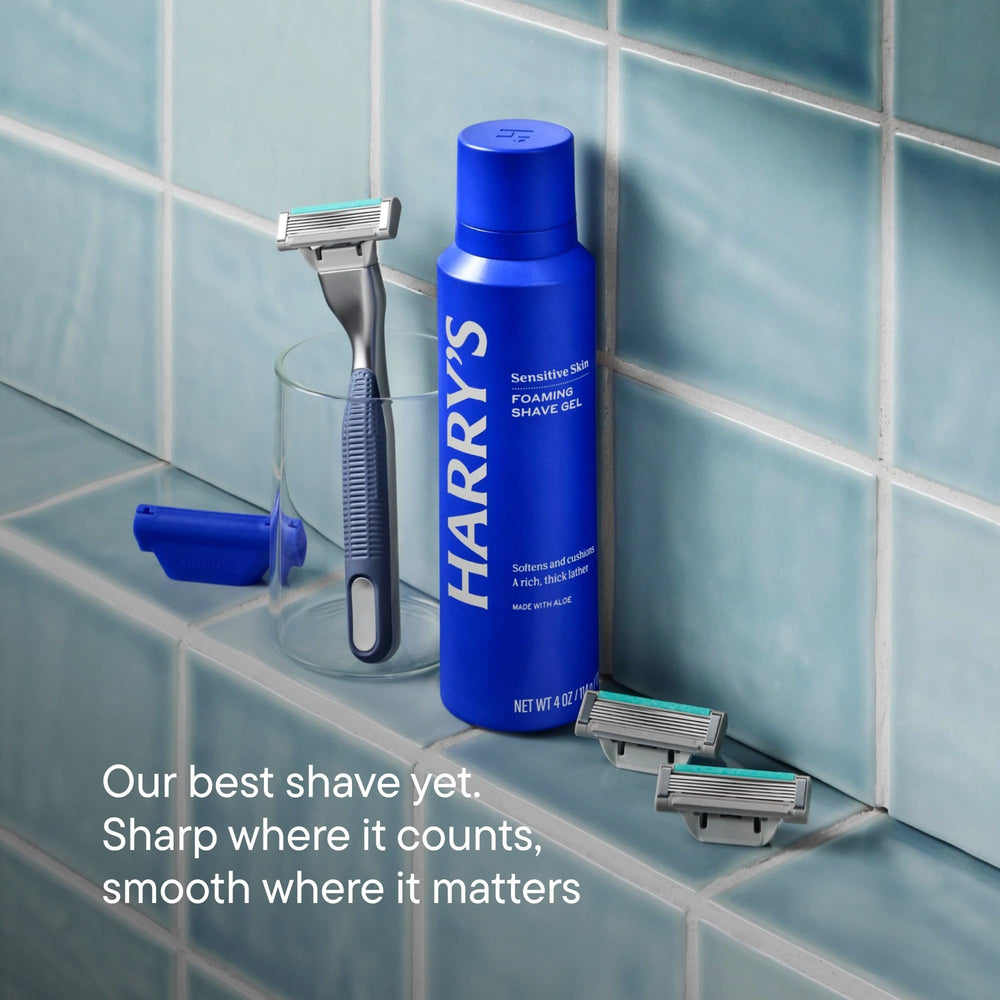 Harry's razor in use delivering a smooth wet shave with control