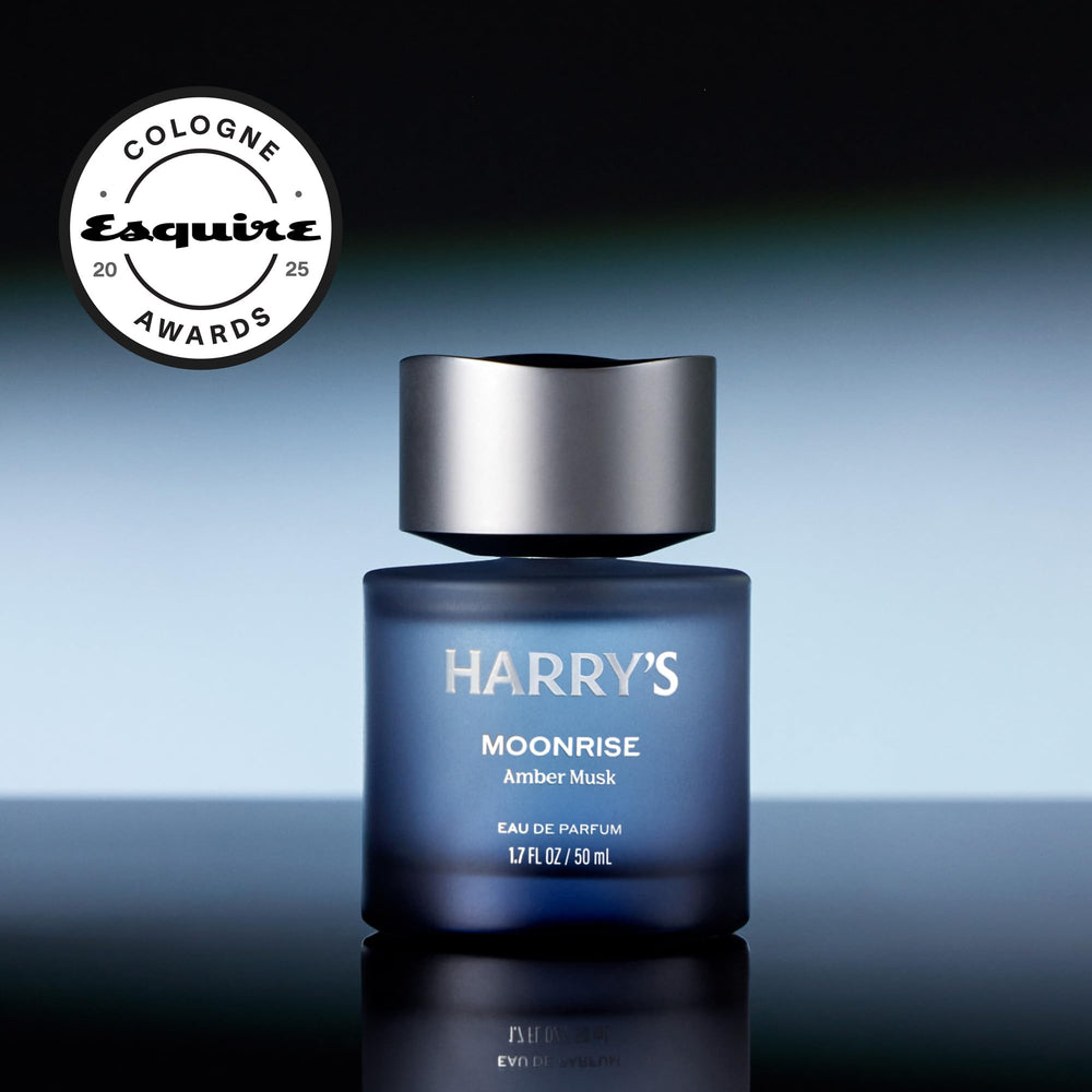 Harry's Moonrise packaging label close-up highlighting scent notes and quality