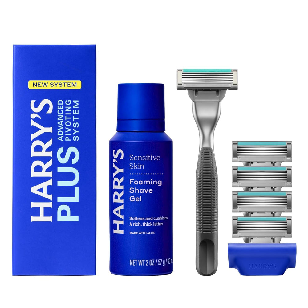 Harry's front packaging showing kit contents and immediate use benefit