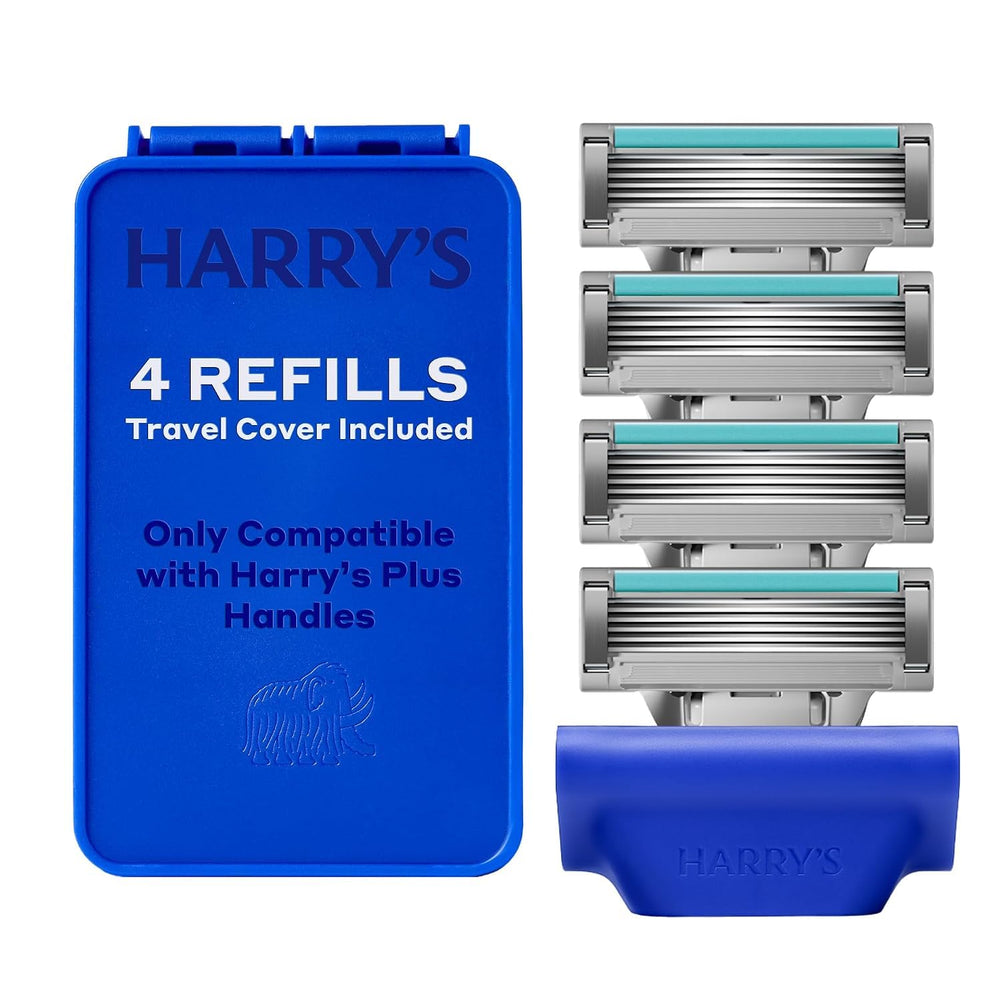 Harry's front packaging showing four plus cartridges and travel cover for easy replacement