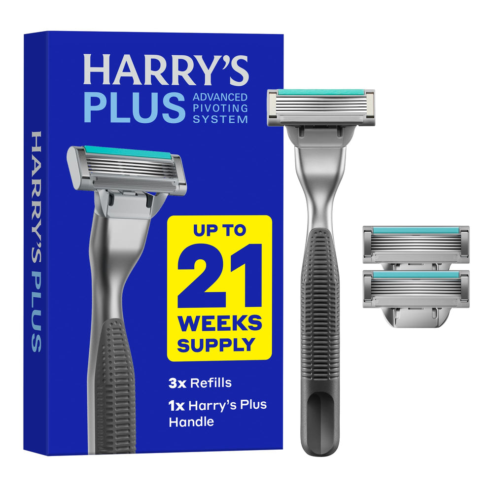 Harry's Plus handle front view showing premium metal and ergonomic grip benefit
