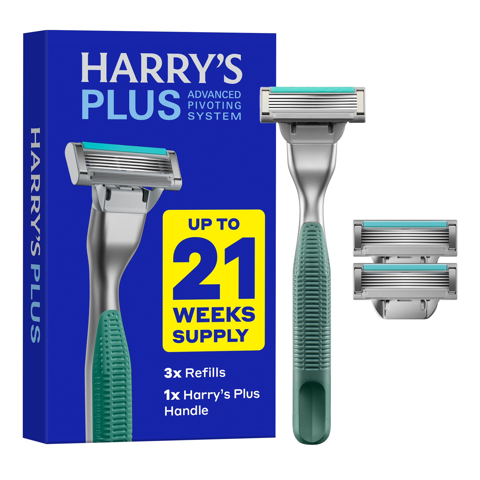 Harry's Plus front view showing premium metal handle and cartridge benefit control