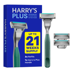 Harry's Plus front view showing premium metal handle and cartridge benefit control