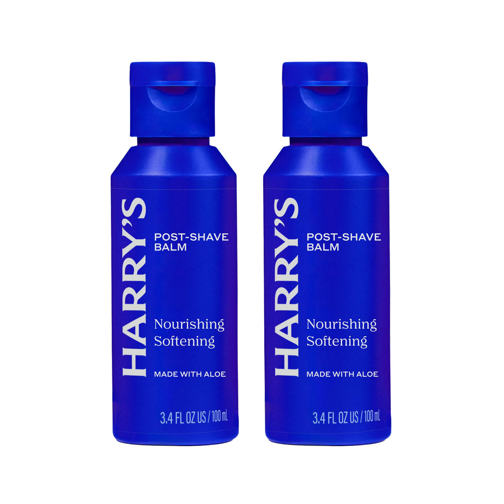 Harry's front packaging showing bottle and brand, clear aftershave benefits