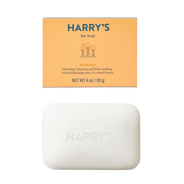 Harry's redwood bar soap front packaging showing four 4 oz bars and brand benefit of dependable everyday cleansing
