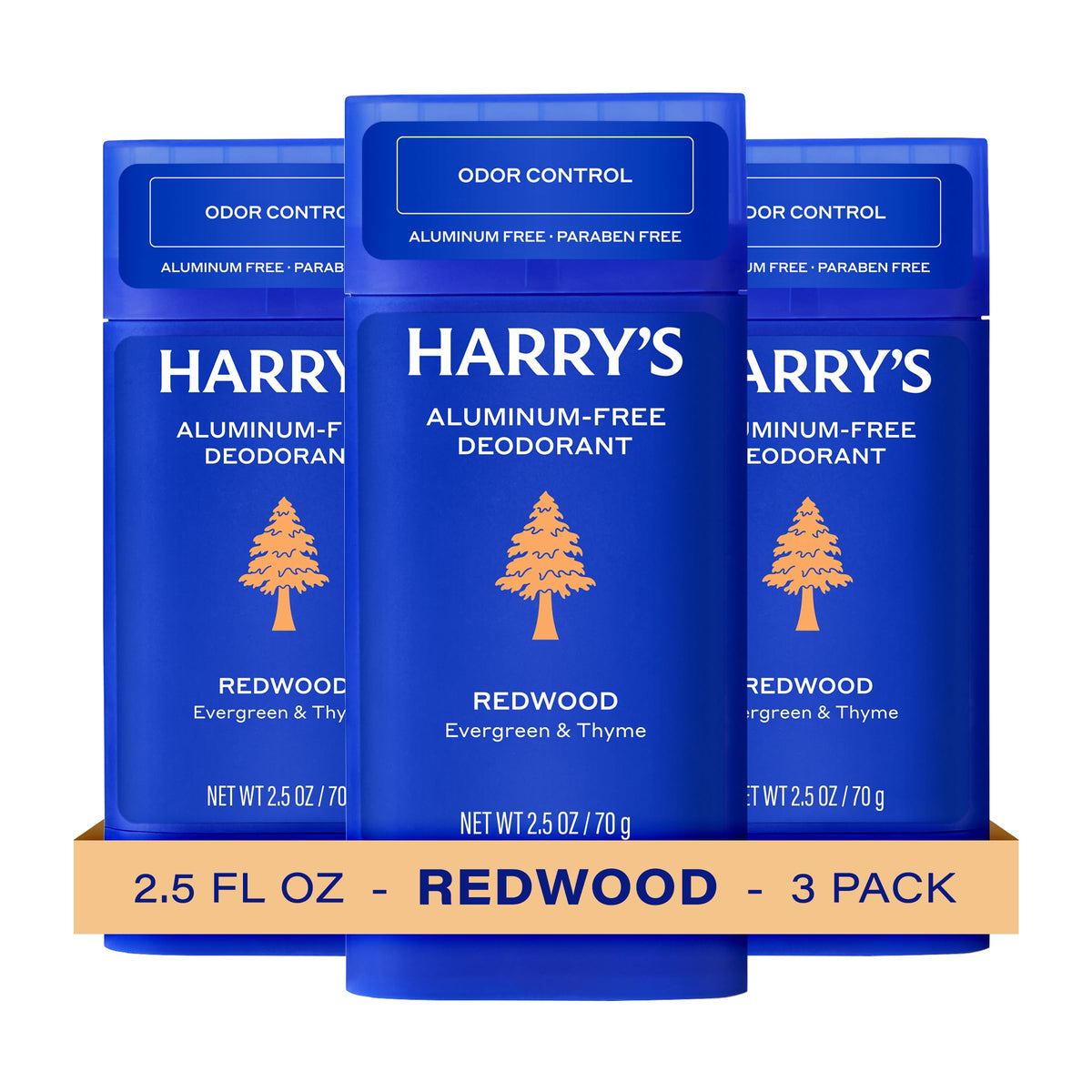 Harry's front packaging showing three Redwood deodorant sticks, clear protection