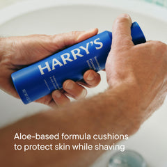 Harry's product label highlighting aloe and hyaluronic acid for soothing benefits