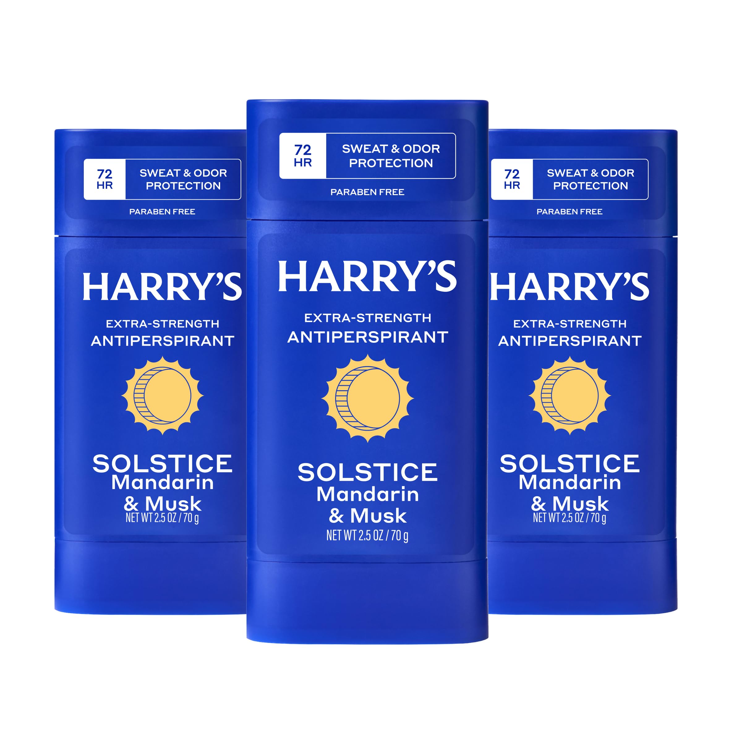 Harry's Solstice front packaging showing three 2.5oz sticks and scent branding for reliable protection