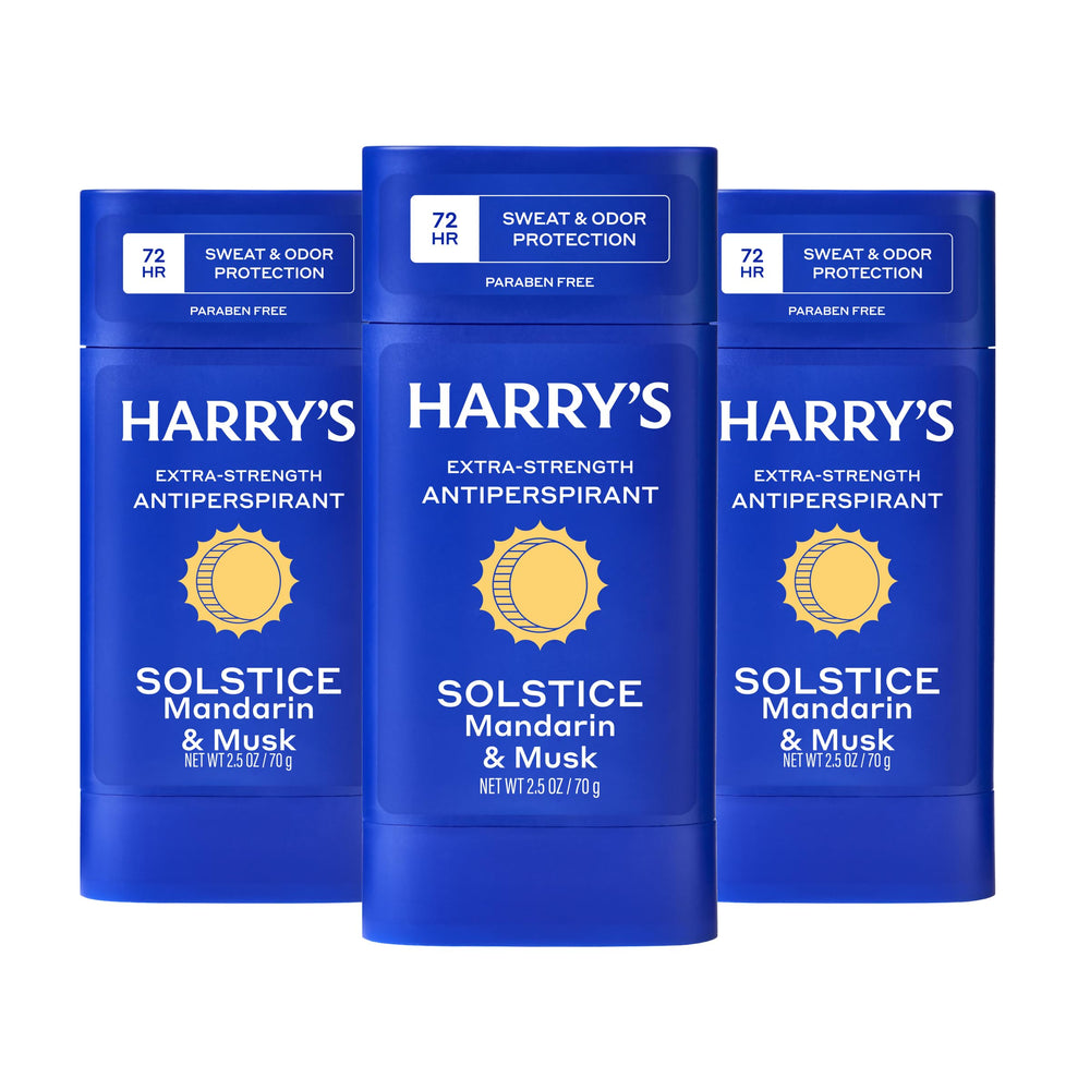 Harry's Solstice front packaging showing three 2.5oz sticks and scent branding for reliable protection