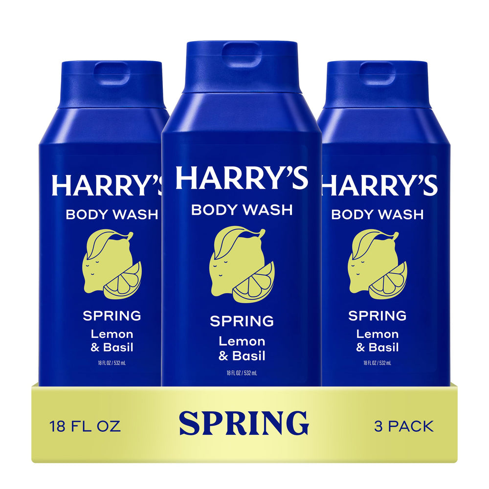 Harry's front packaging showing three bottles and fresh benefits