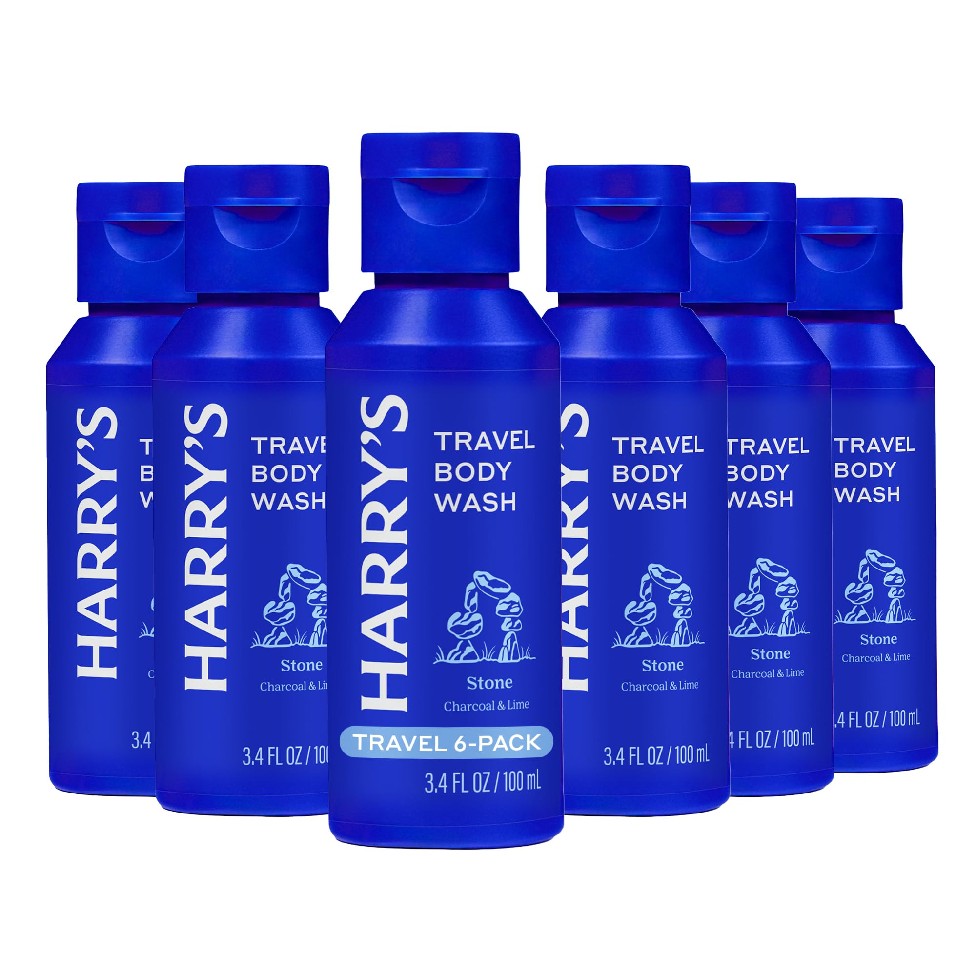 Harry's front packaging displaying six travel bottles and travel convenience