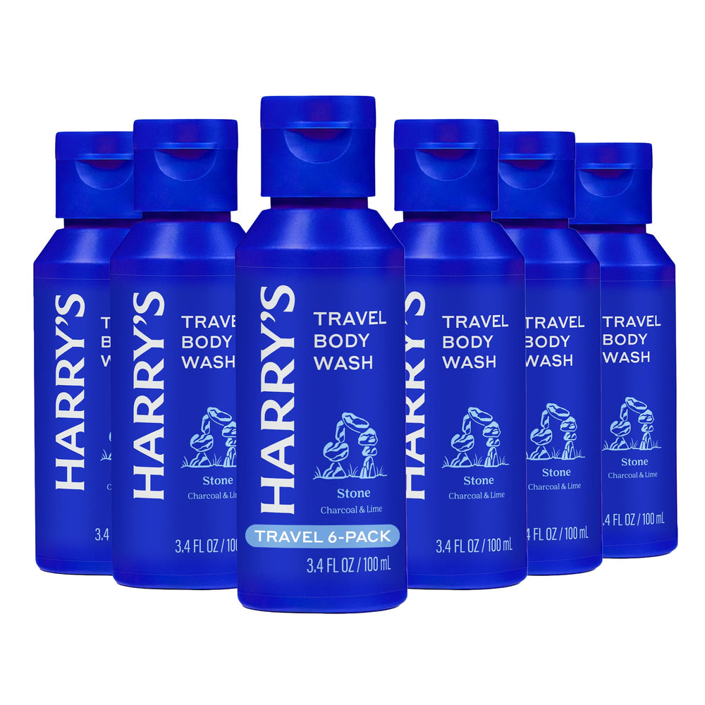 Harry's front packaging displaying six travel bottles and travel convenience