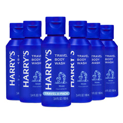 Harry's front packaging displaying six travel bottles and travel convenience