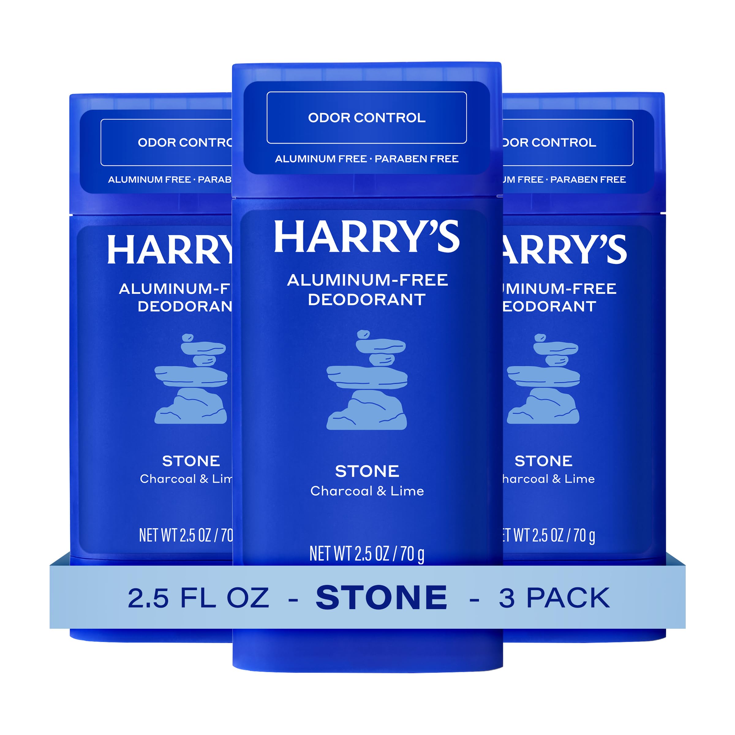 Harry's stick front packaging showing Stone scent and three-pack benefit