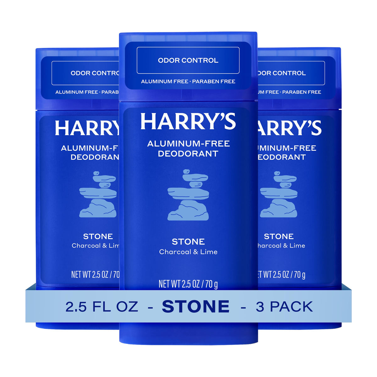 Harry's stick front packaging showing Stone scent and three-pack benefit