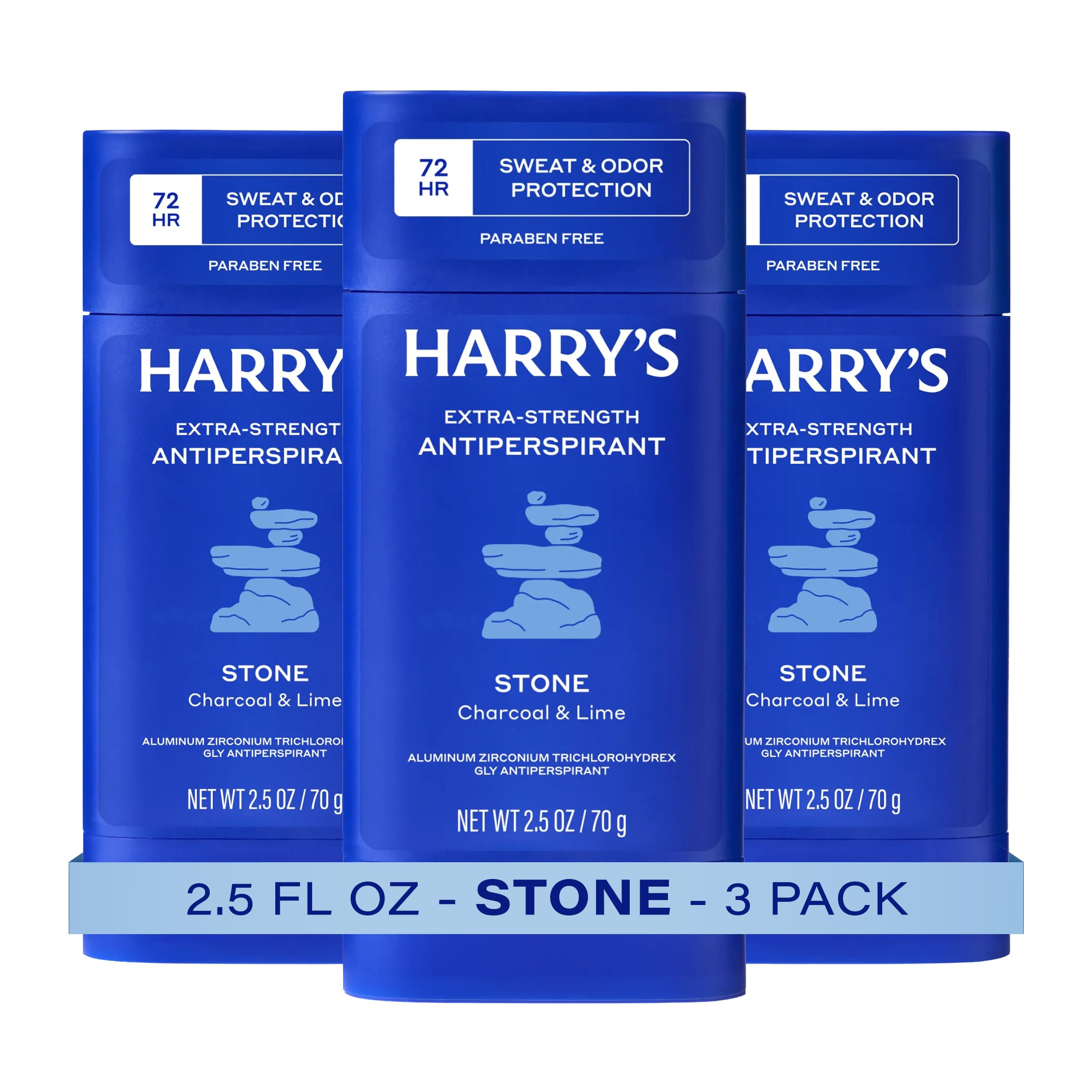 harrys front packaging showing three Stone antiperspirant sticks and benefits