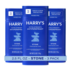 harrys front packaging showing three Stone antiperspirant sticks and benefits