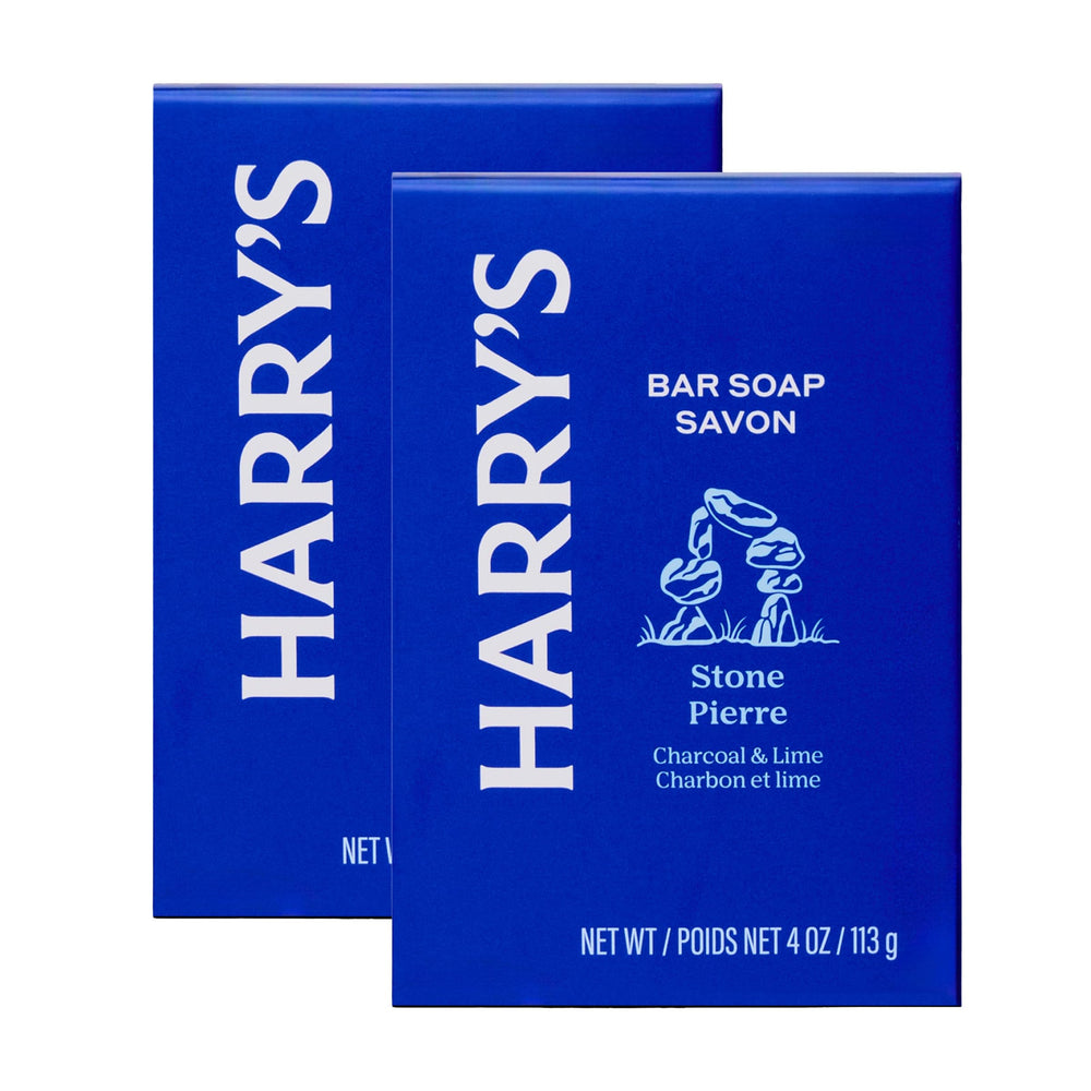 Harry's front packaging of Stone two-pack showing minimalist branding and size