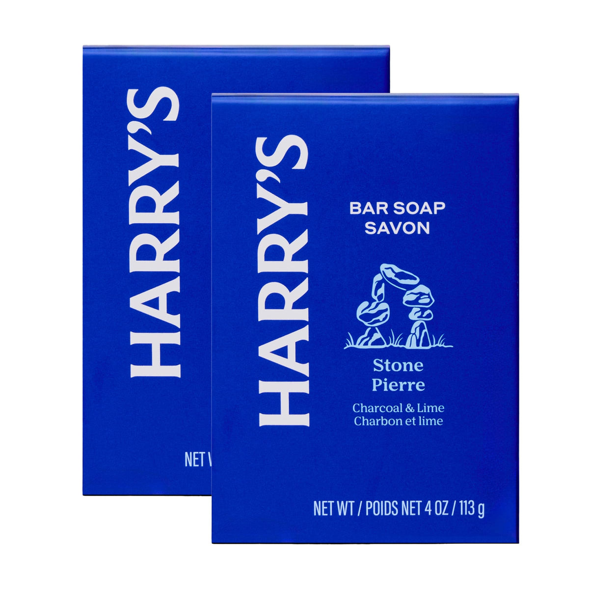 Harry's front packaging of Stone two-pack showing minimalist branding and size