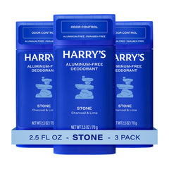 Harry's stick front packaging showing Stone scent and three-pack benefit