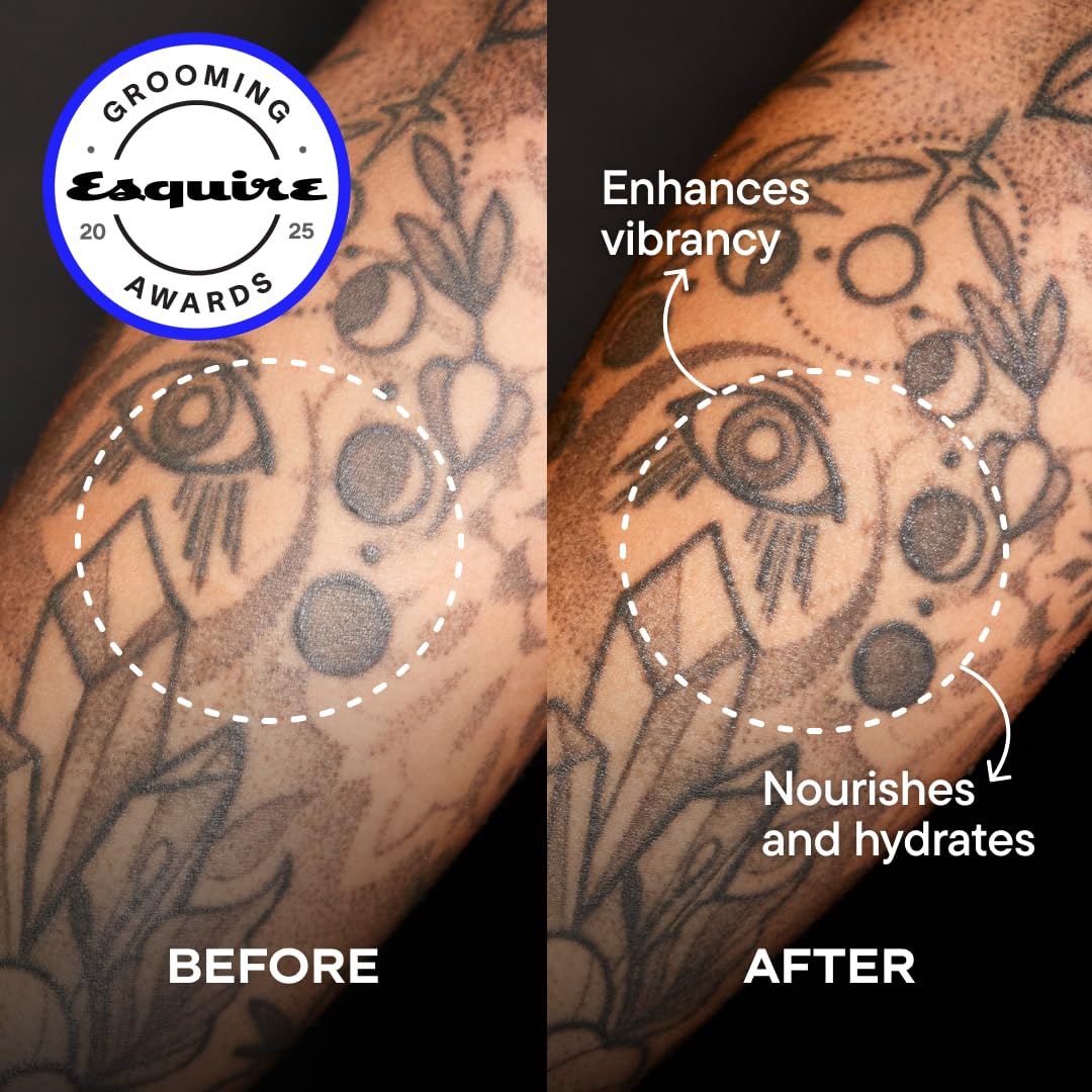 Harry's Tattoo Frost being applied to a healed tattoo to refresh vibrancy and hydrate