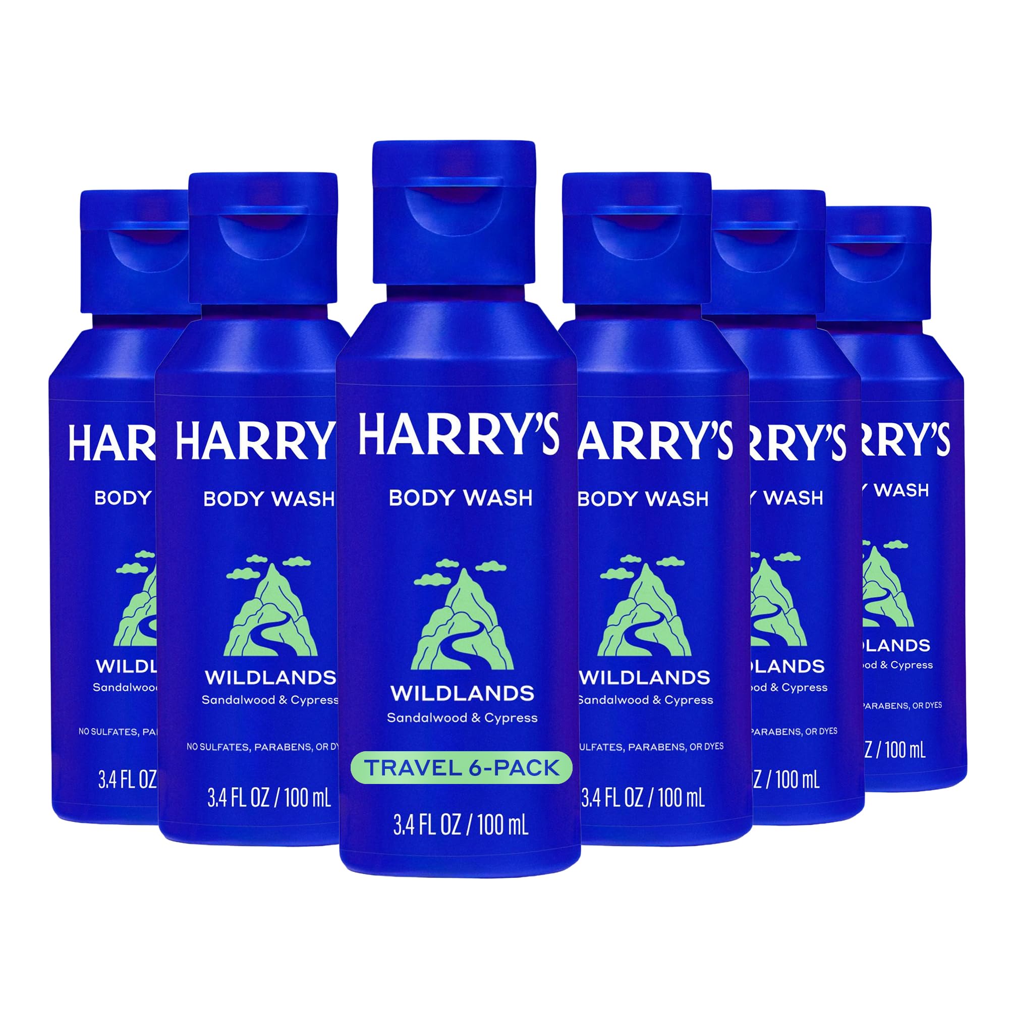Harry's Wildlands front packaging showing six travel bottles and clear branding benefits