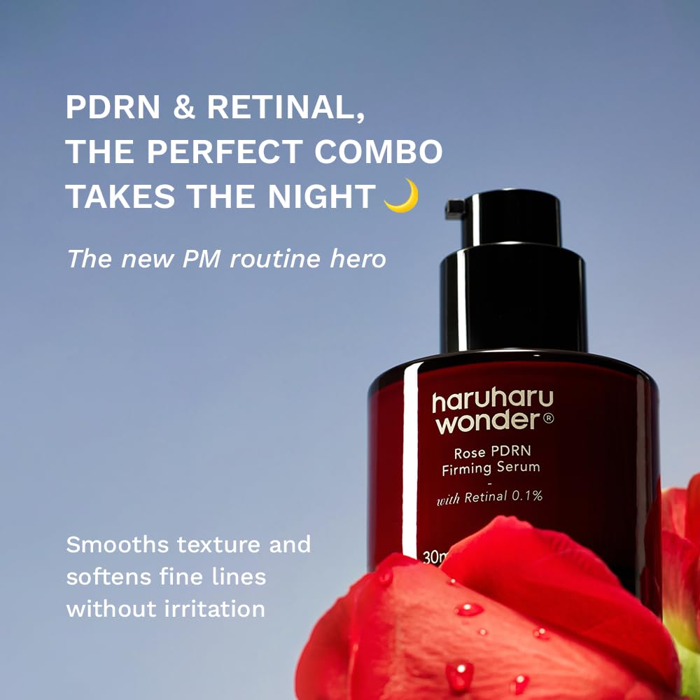 HARUHARU serum staged on bathroom vanity in evening routine setting for PM recharge