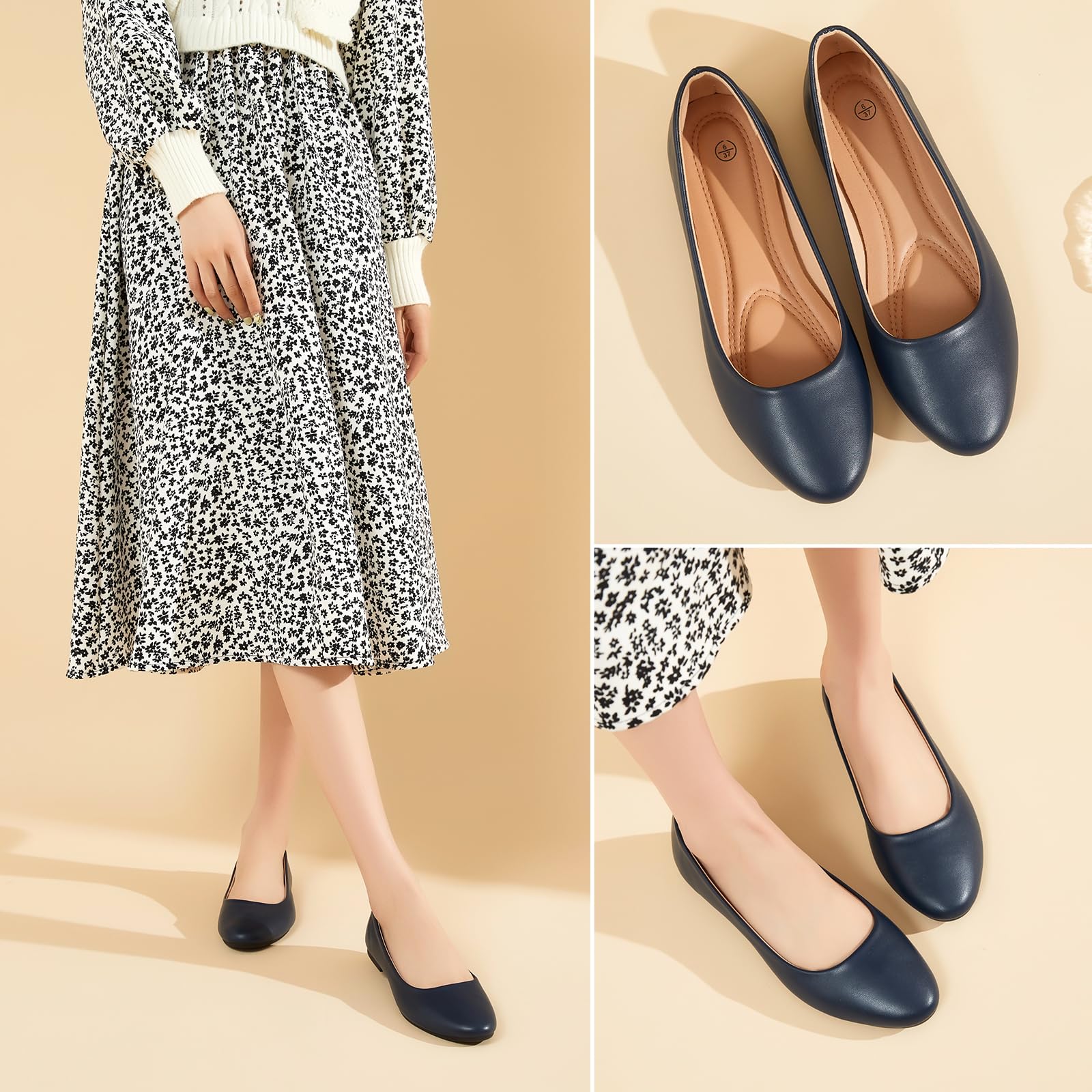 hash bubbie flats worn with a dress illustrating office-ready styling