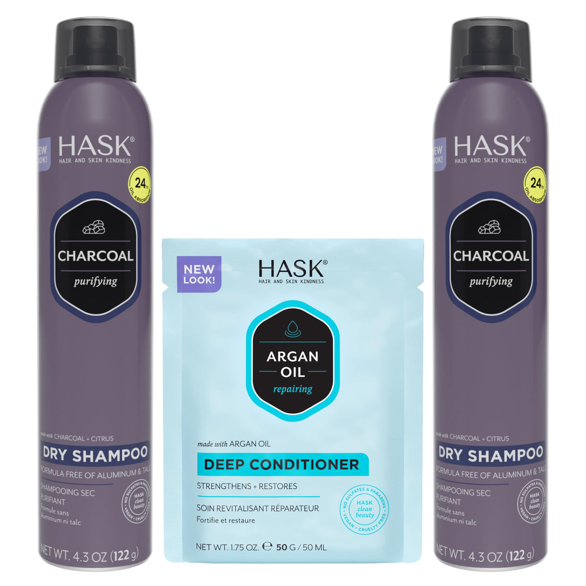HASK charcoal dry shampoo duo front packaging shows compact travel-ready cans and benefits of oil control