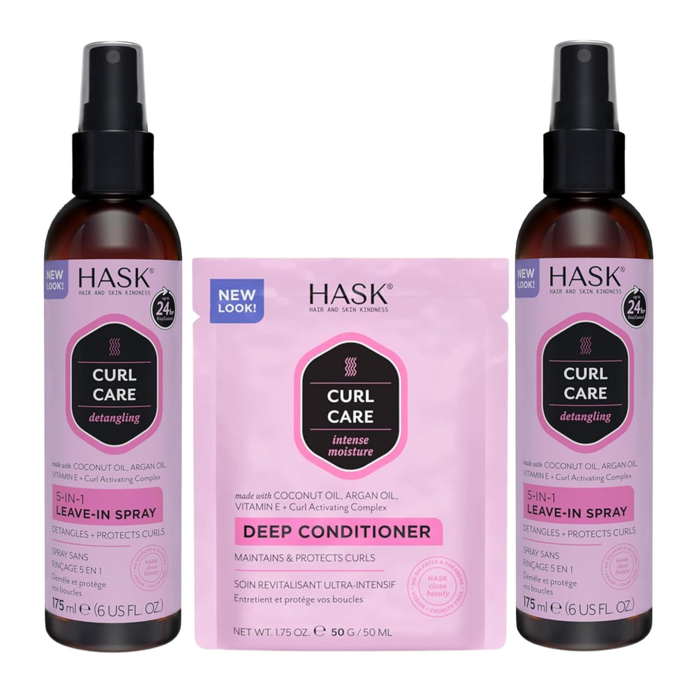 HASK front packaging showing duo leave-in bottles and deep conditioner for easy styling
