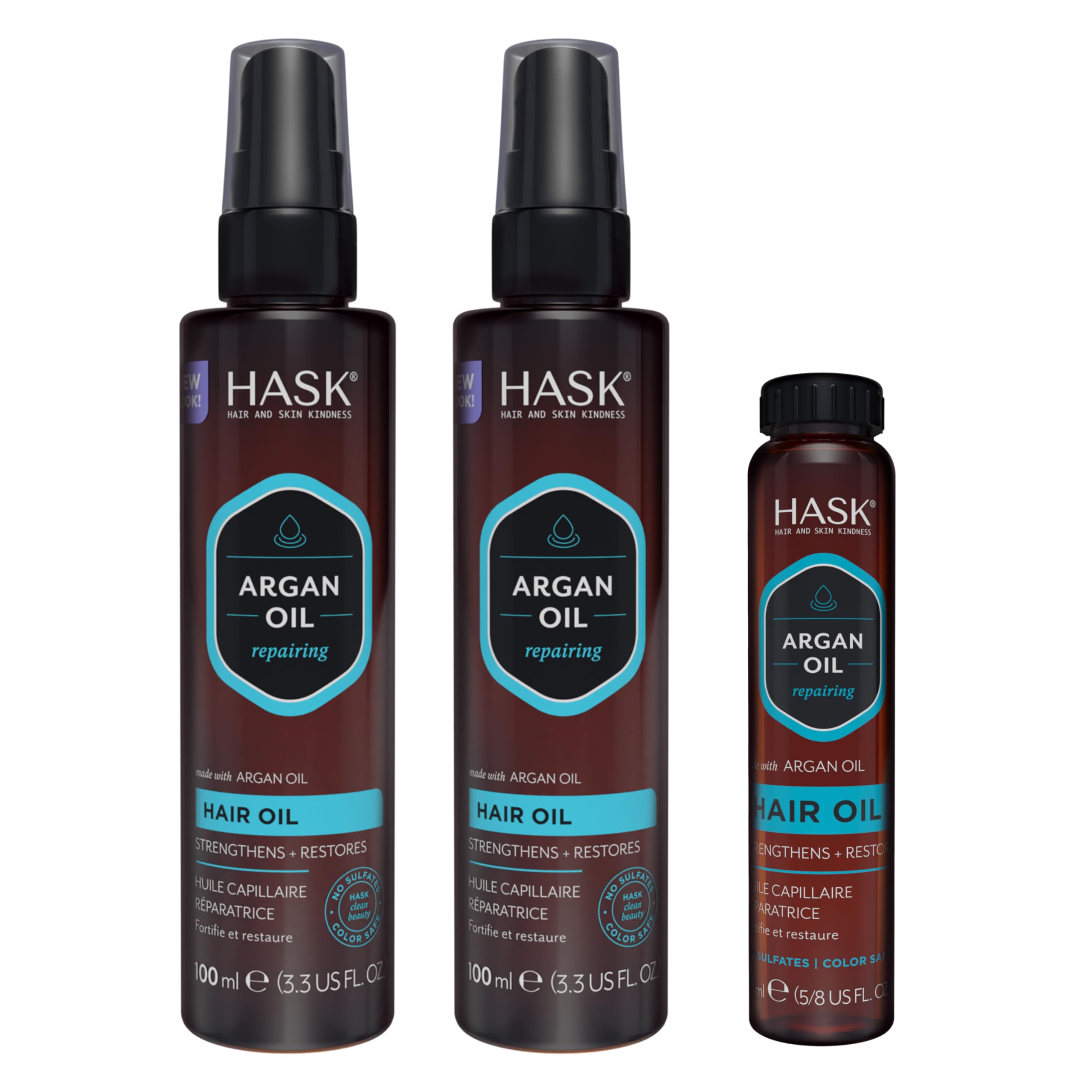 HASK front packaging showing three-piece argan oil kit and bright shine
