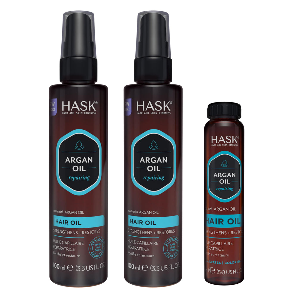 HASK front packaging showing three-piece argan oil kit and bright shine