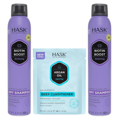 HASK front view of duo kit showing two dry shampoos and conditioner for quick refresh
