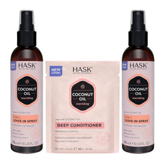 HASK front packaging of hydrate coconut leave-in duo showing full kit benefit