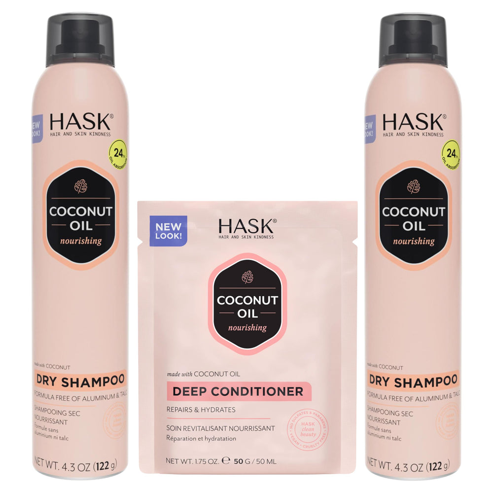 HASK Hydrate Coconut kit front view showing both dry shampoo cans and conditioner sachet for convenience
