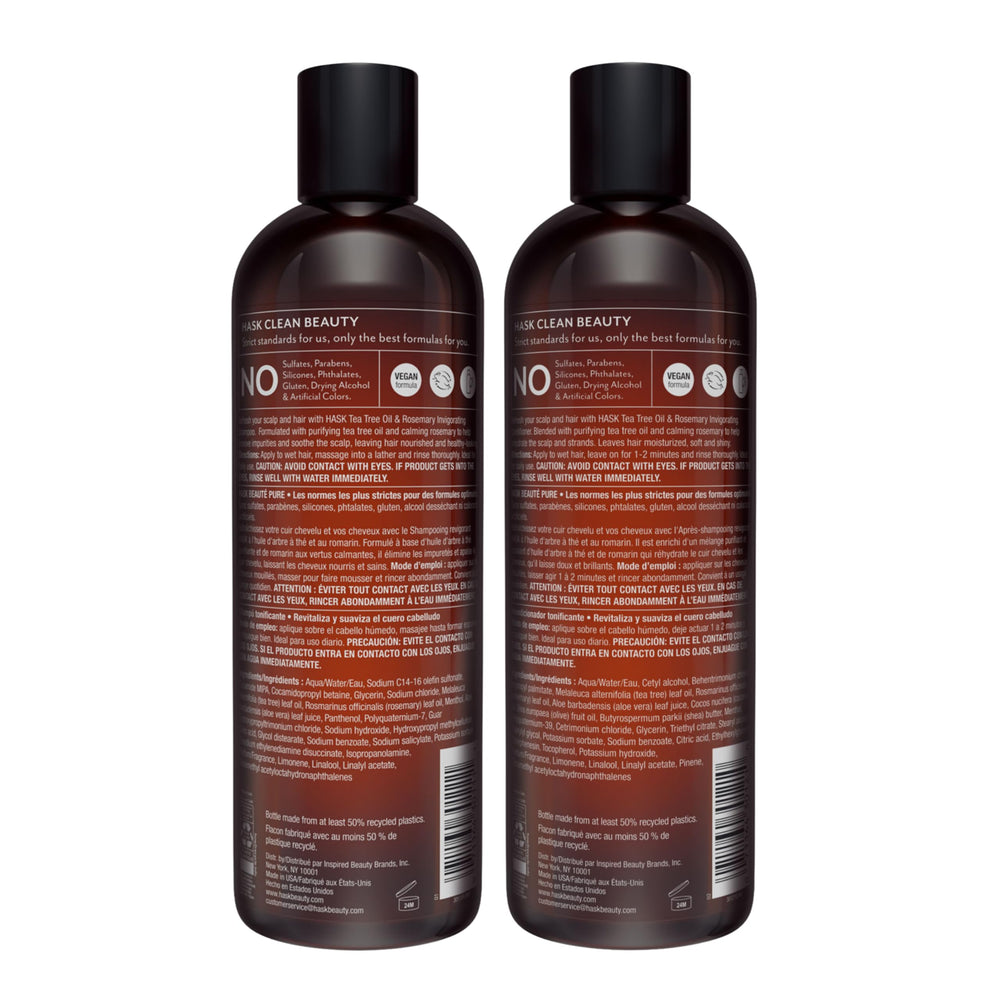 HASK label highlighting tea tree and rosemary ingredients and natural benefit