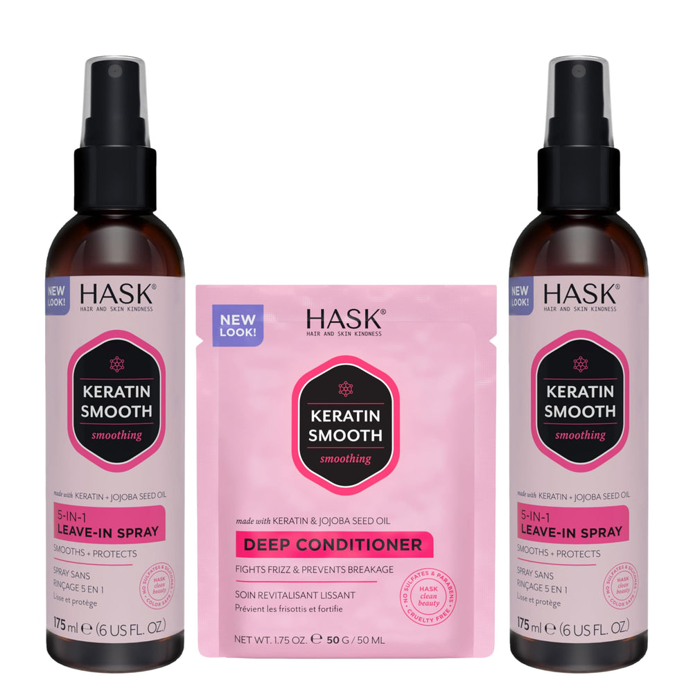HASK leave-in front packaging showing kit and benefits