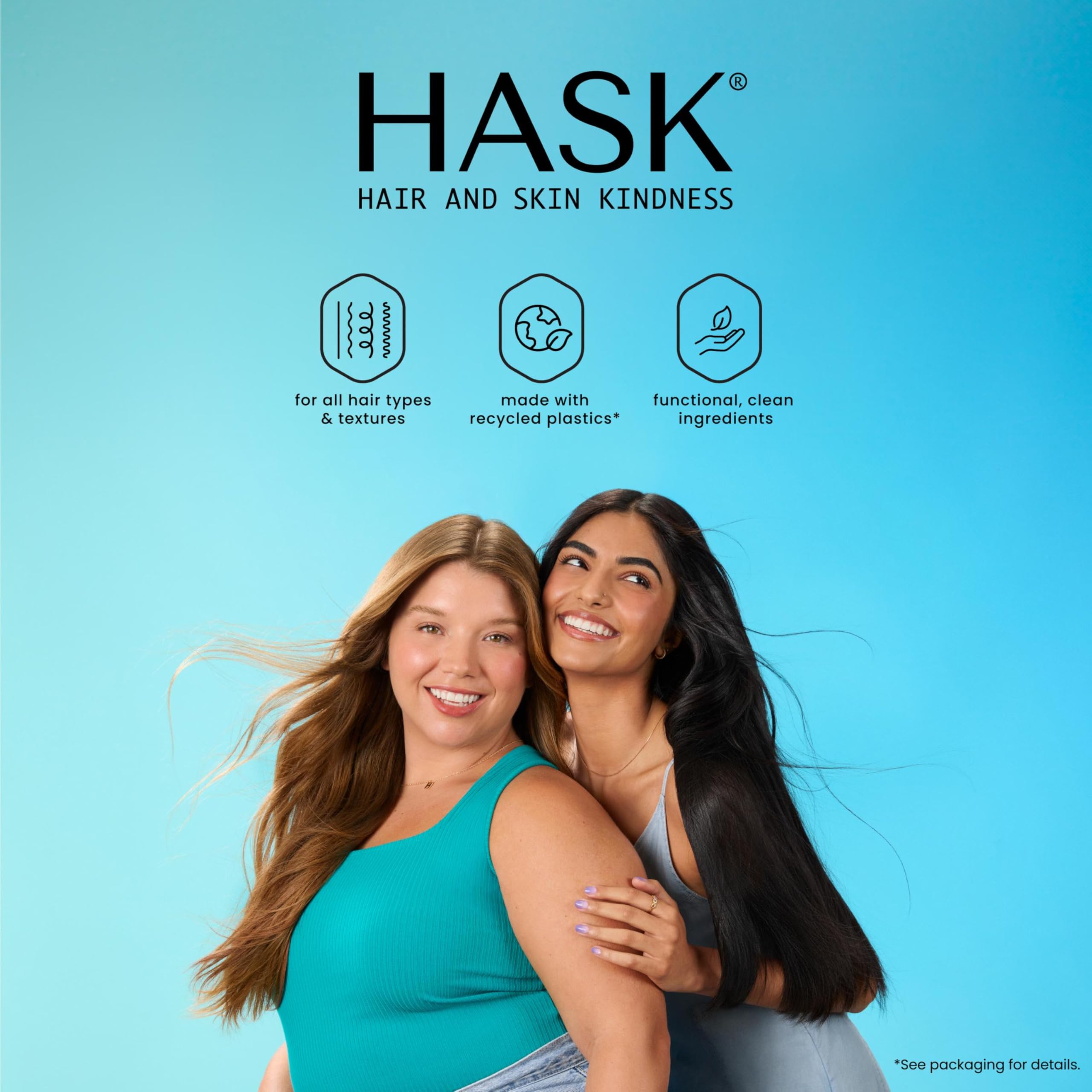 HASK kit on bathroom vanity lifestyle scene implying daily hair care routine