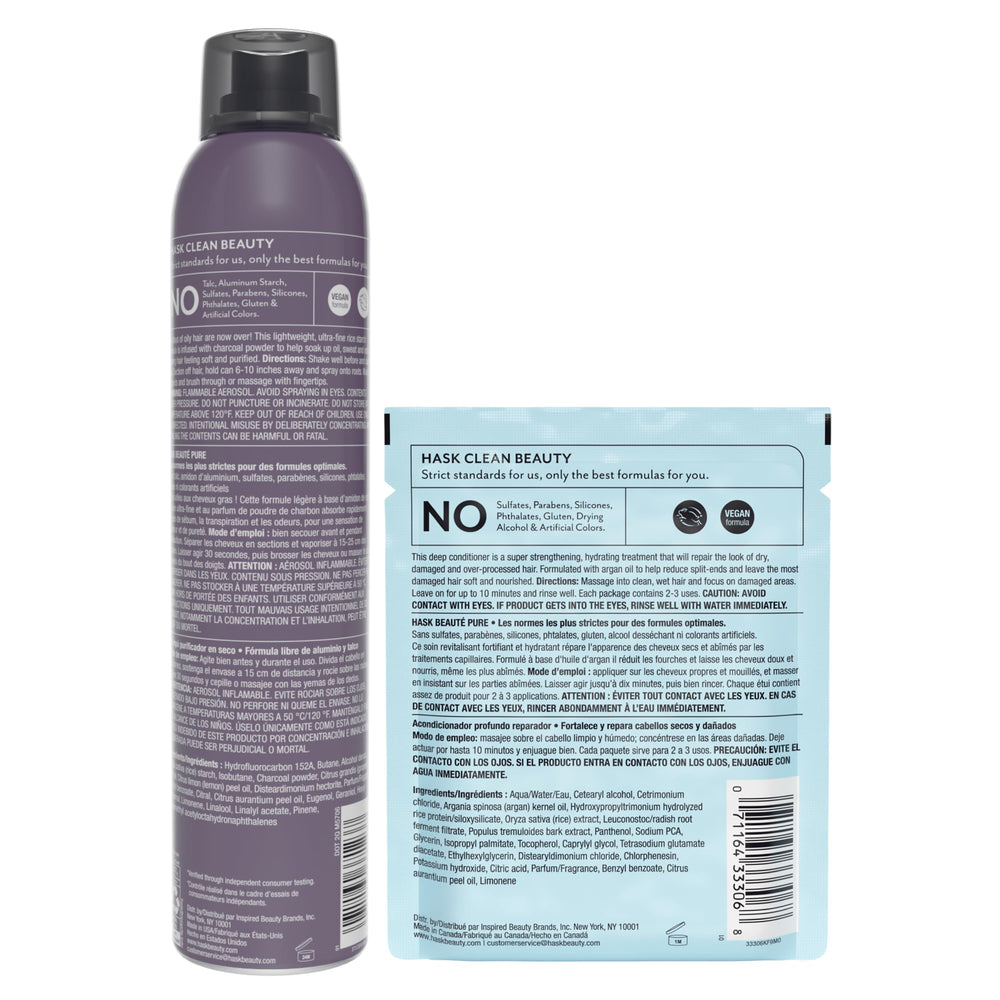 HASK product label and ingredients closeup displaying key ingredients like charcoal and argan oil