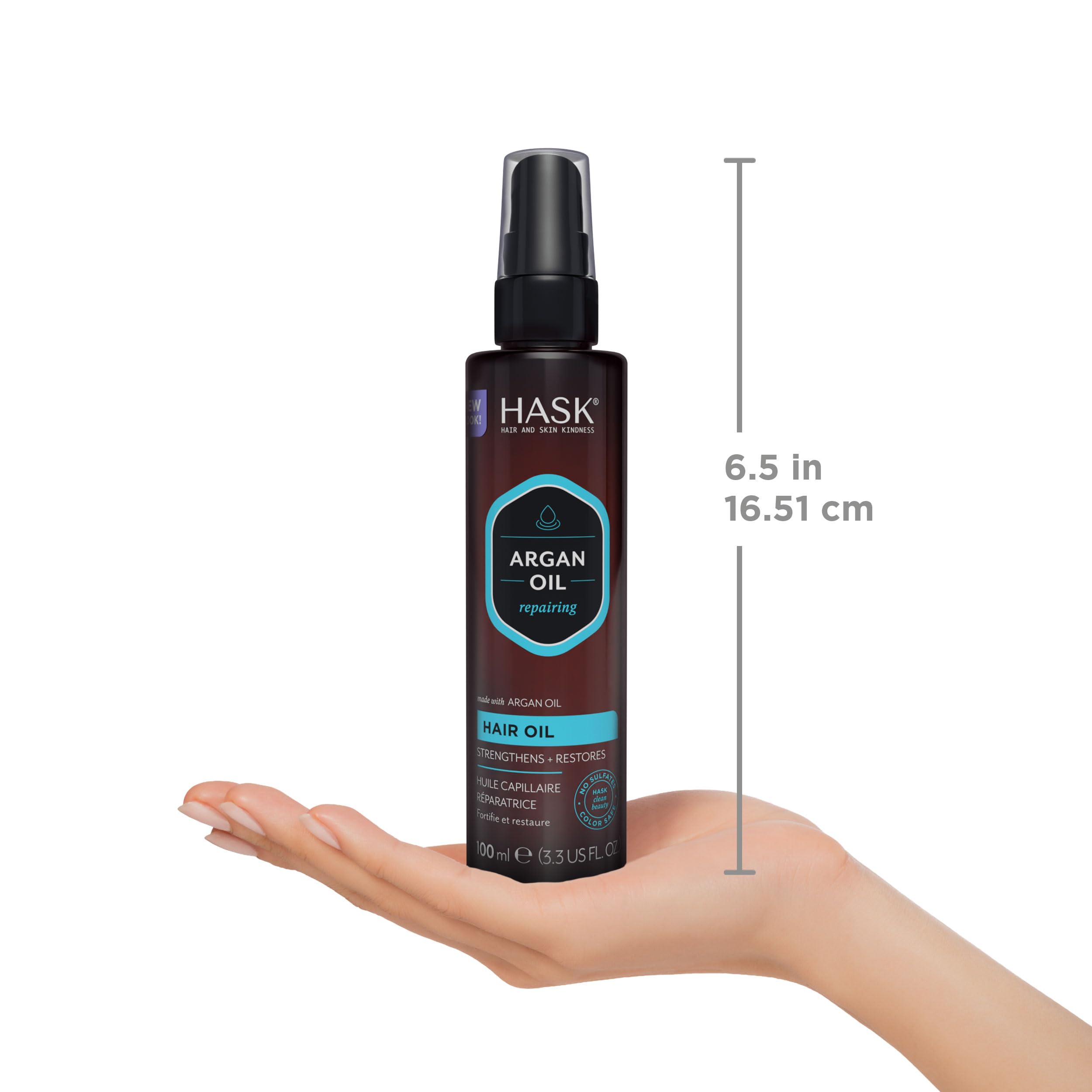 HASK bottle held in hand to show size and travel-friendly convenience
