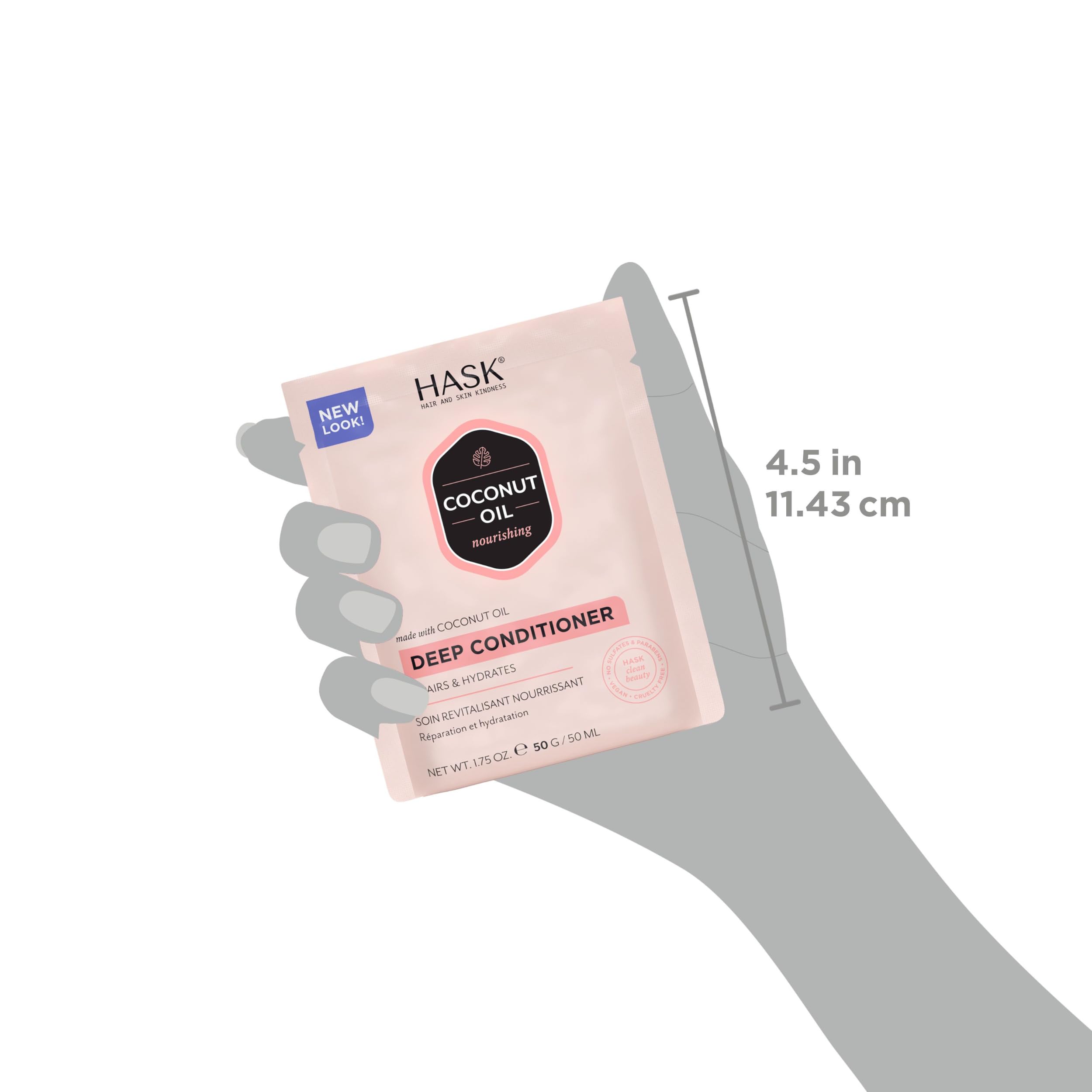 HASK products next to a hand for scale to demonstrate the 4.3 oz travel-friendly size