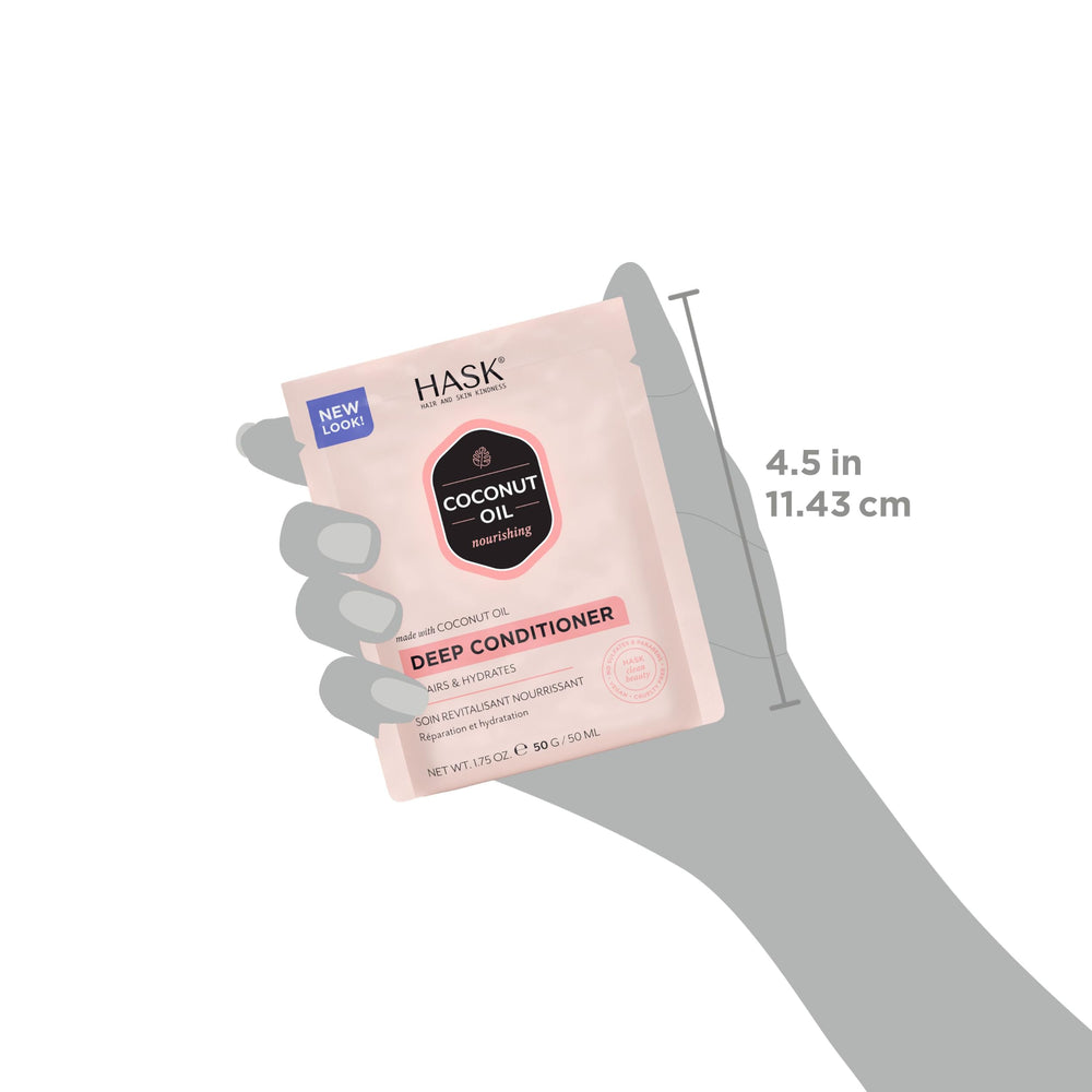 HASK products next to a hand for scale to demonstrate the 4.3 oz travel-friendly size