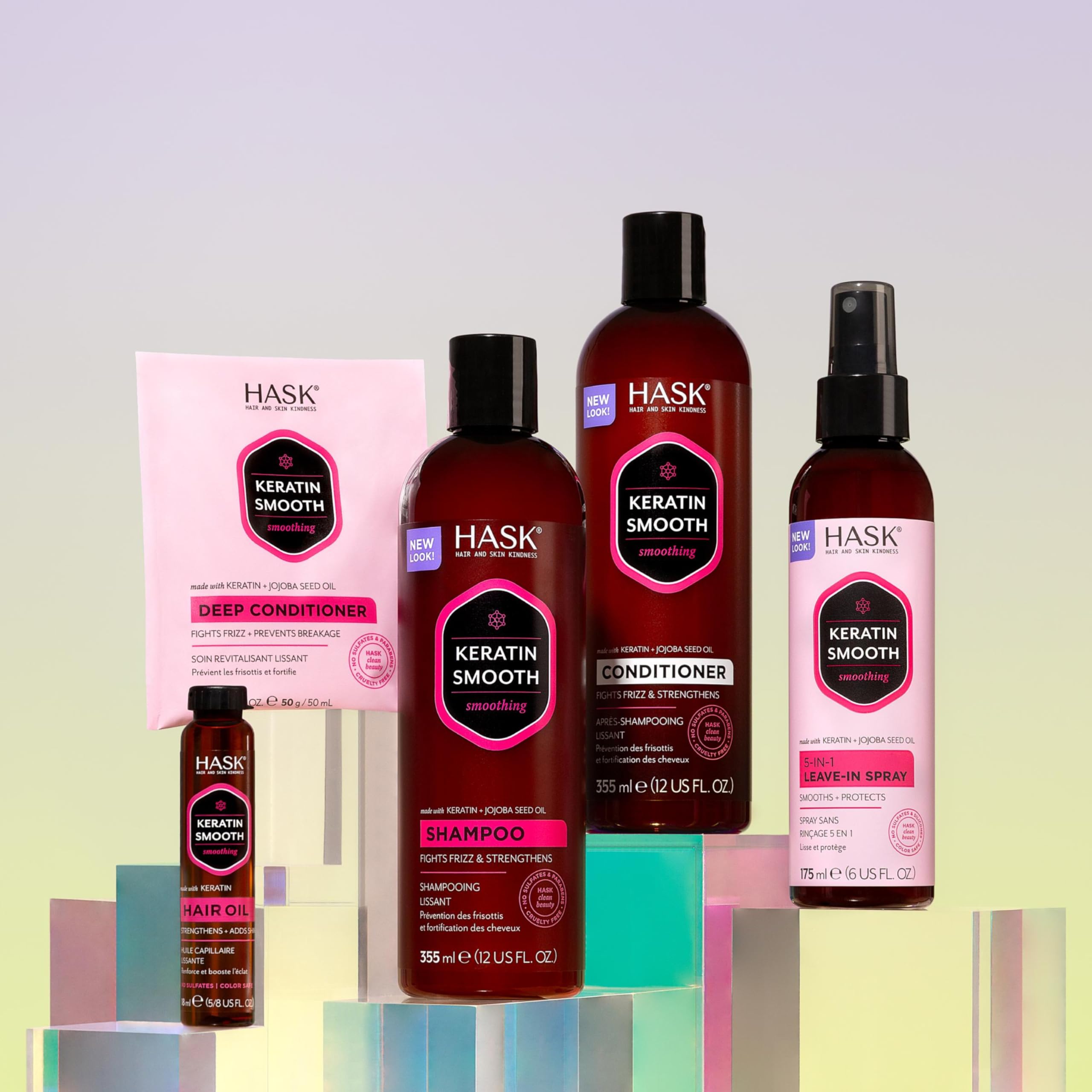 HASK products next to ruler showing two 6oz sprays and 1.75oz packette size